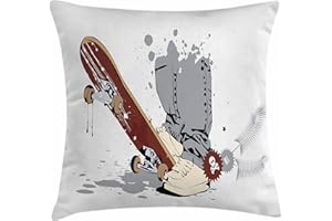 Ambesonne Skateboarder Throw Pillow Cushion Cover, Modern Grunge Fashion Inspired SkateIllustration with Spots and Skull Art, Decorative Square Accent Pillow Case, 18" X 18", Brown and Cream