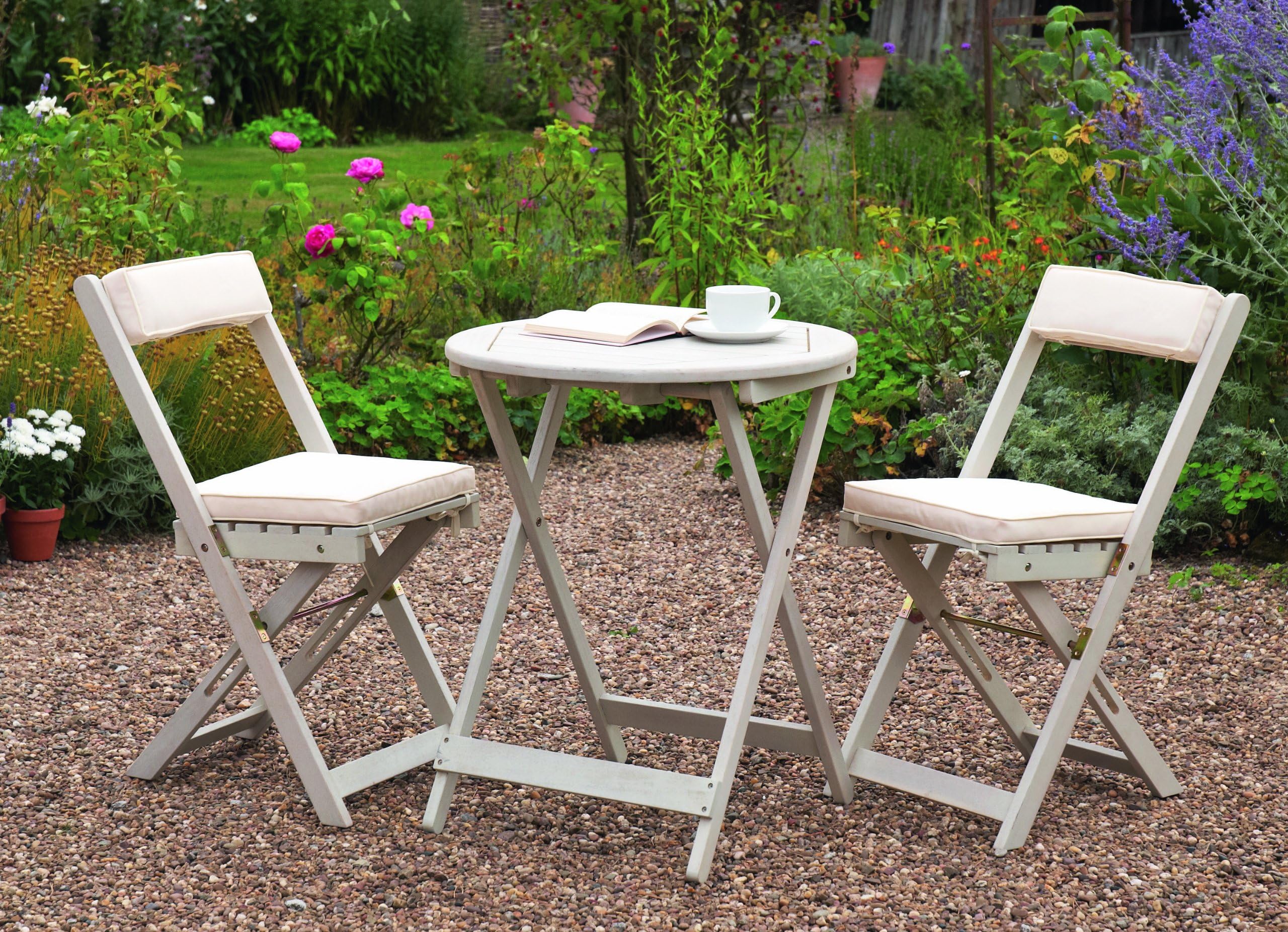 Greenhurst Solid Acacia 2 Seater Patio Set with Round Bistro Table in Antique White and matching Padded Cushions