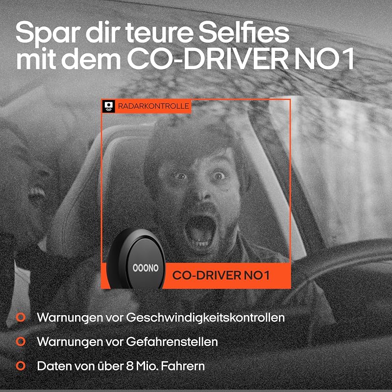 Co-Driver NO1: Warnt vor Tempo-Kontrollen und Gefahren im Straßenverkehr in Echtzeit - Automatisch aktiv nach Verbindung zum Smartphone über Bluetooth