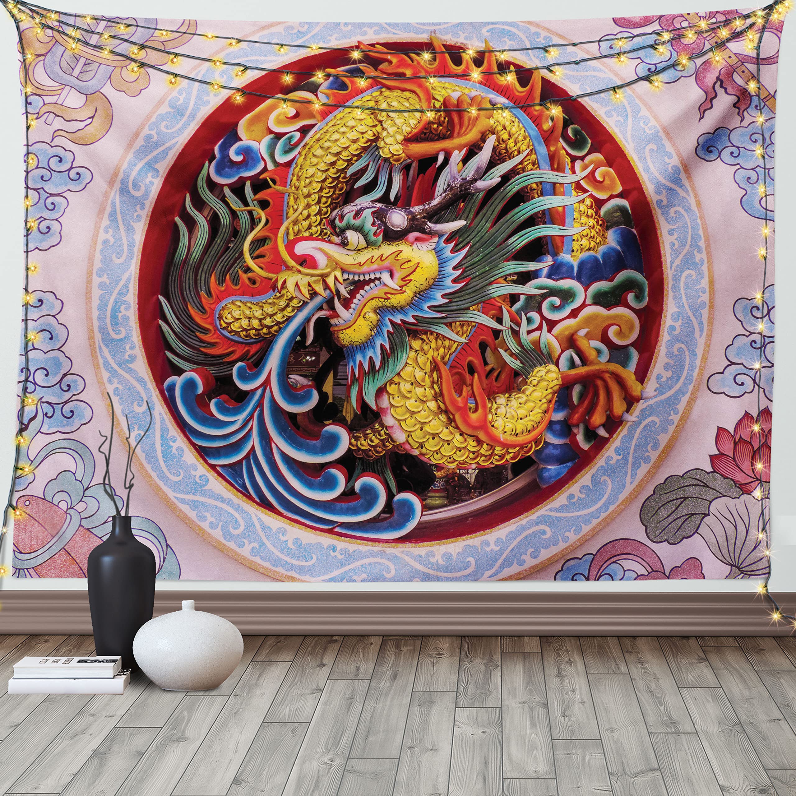 ABAKUHAUS Dragon Tapestry, Chinese Dragon with Horns Mane and Claws Flower Ornament Mythical Creature Monster, Fabric Wall Hanging Decor for Bedroom Living Room Dorm, 58 W X 43 L, Yellow Blue