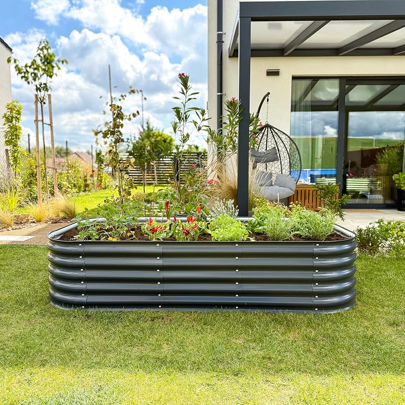 Potager Surélevé en Métal 240x60x43 cm - Bac Potager Extérieur Modulaire 9-en-1 - Jardinière Surélevée en Acier Premium, Inoxydable - Durée de Vie Minimum 20 Ans, Argenté