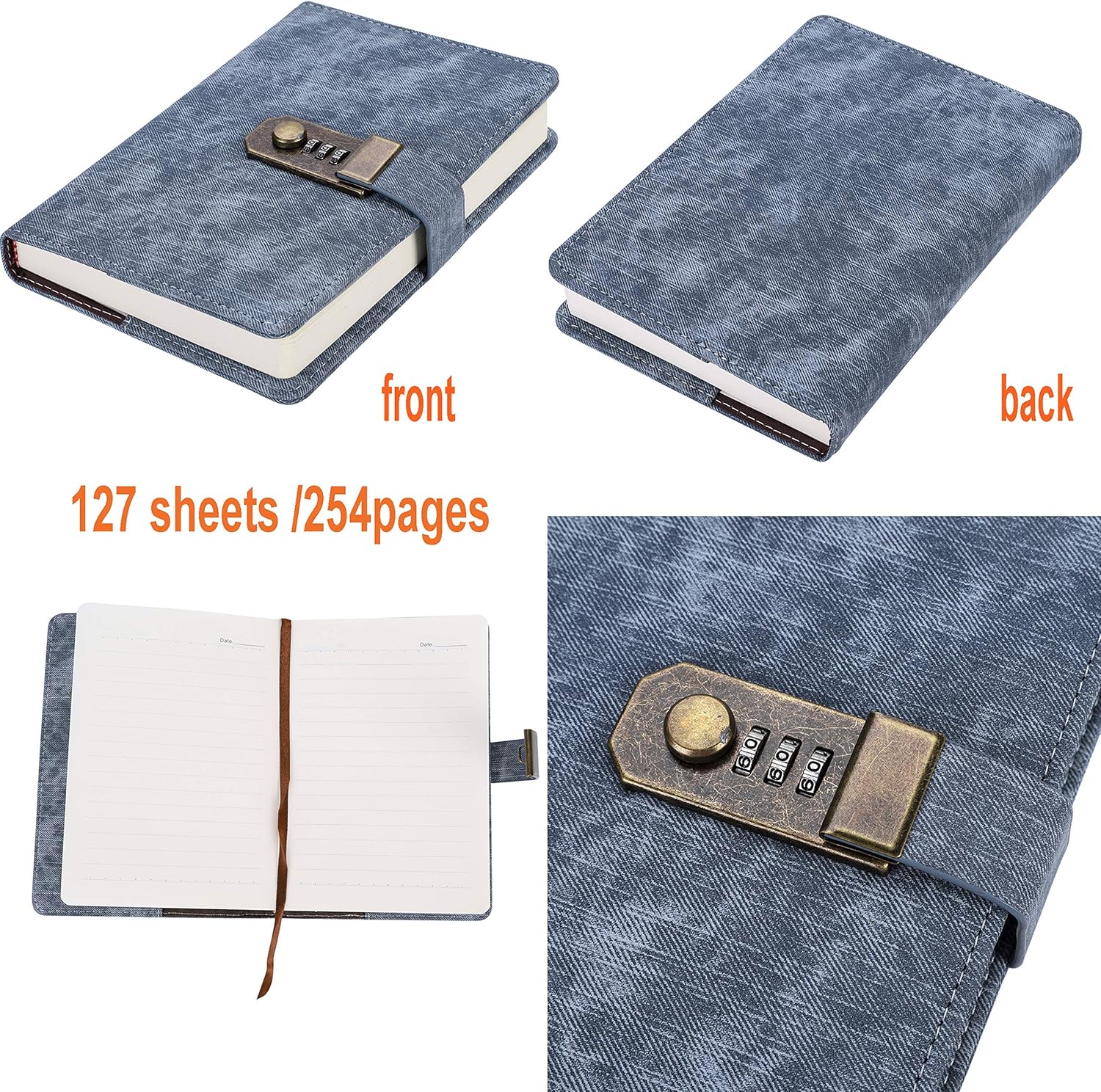 Password Notebook B6 Vintage Notebook with Lock Retro Leather Journal Secret Diary Denim Textured Writing Notebook Lined Thick Agenda Meeting Book with Pen Holder Gift for Boys Girls - Image 3