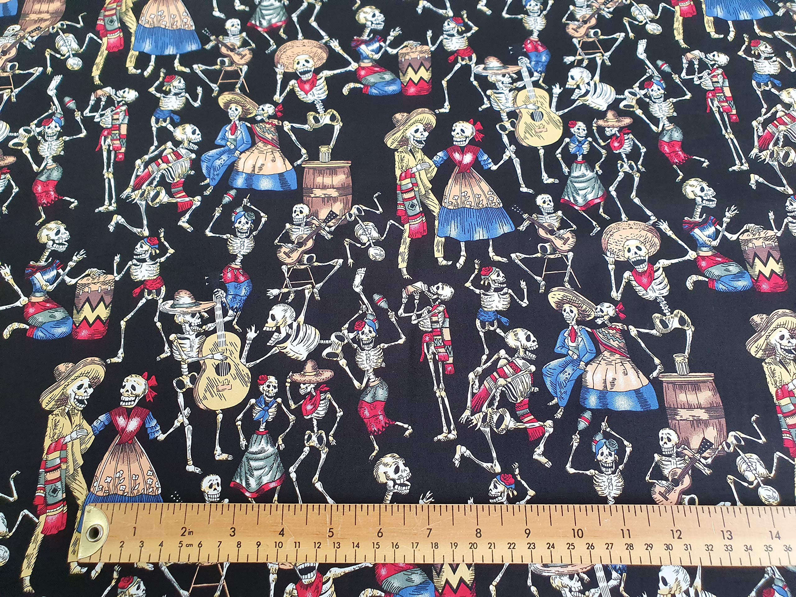 Oddies Textiles Skelett Party Druck Stoff - 100% Baumwolle - Tag der Toten - Bastelstoff Meterware