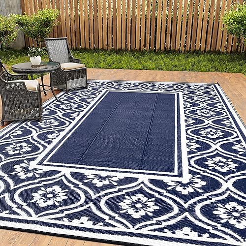 HUGEAR Outdoor Rug Mats, Large Waterproof Outdoor Area Rug, Reversible Portable Outdoor Plastic Straw Carpet for RV Deck Camping Front Door Indoor Outside Porch Picnic (8x10ft Lantern Navy Blue&White)