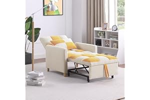 LAKIFUN 3-in-1 Convertible Sofa Bed, Teddy Fabric Accent Recliner Lounge Sleeper Chair Indoor with Adjustable Backrest & Pillow for Adults, Single Pull Out Sofa Couch for Living Room Bedroom (Yellow&White)