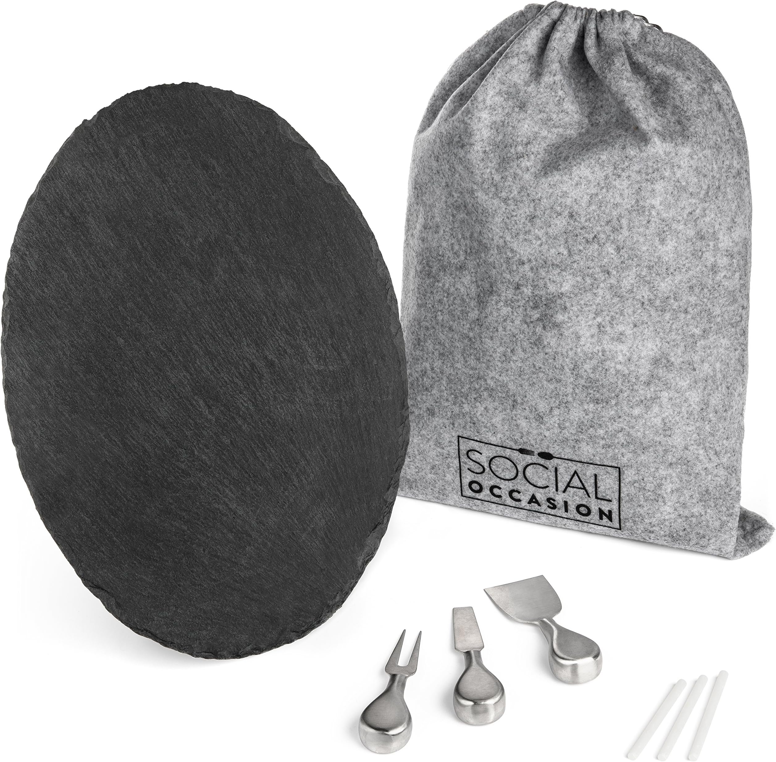 Rustic Black Slate Charcuterie Serving Board Set Complete with Stainless Steel Knives, Soapstone Chalk, FREE BONUS Storage Bag - 16â x 12â â Charcuterie, Appetizer, Sushi, Tapas Serving Tray