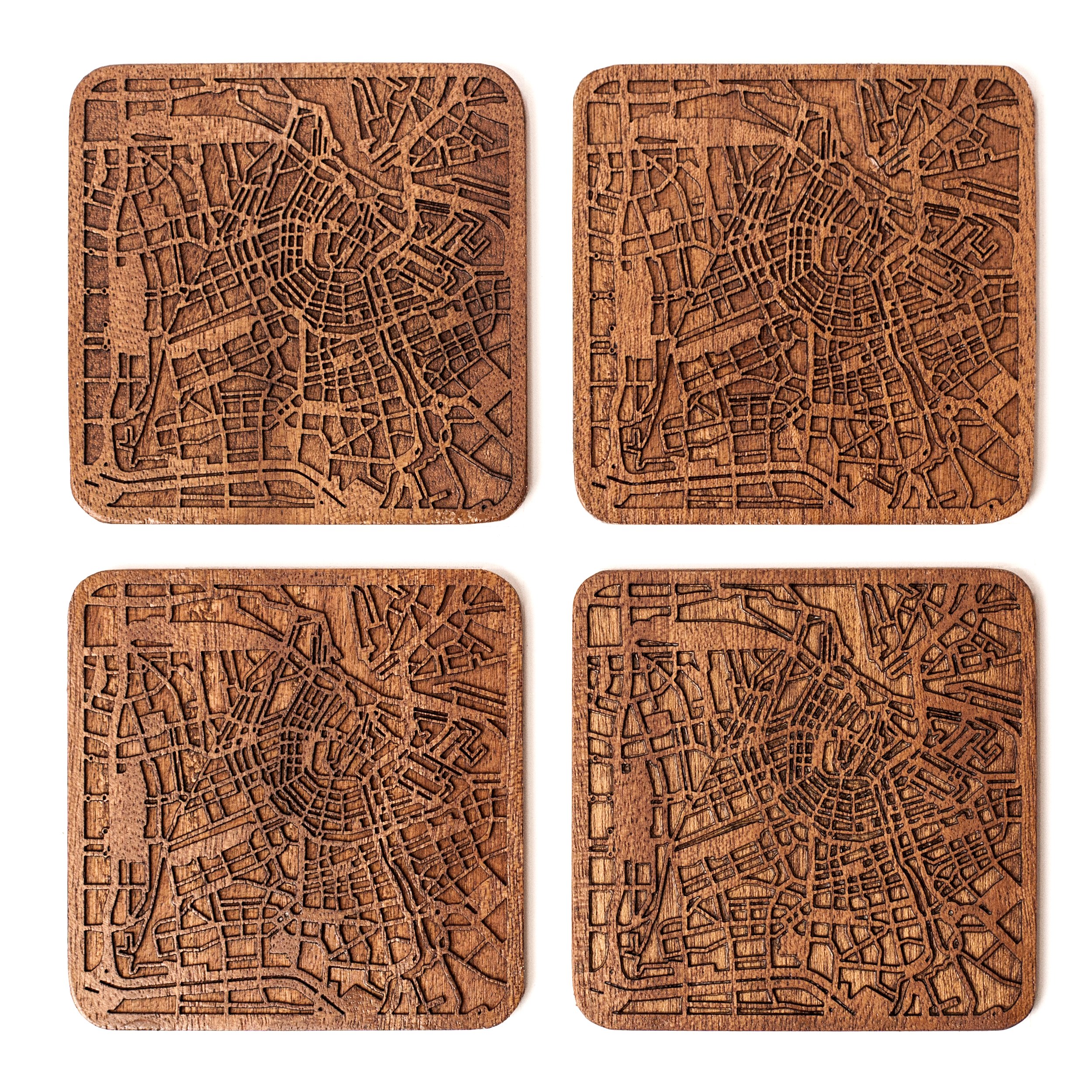 Amsterdam Map Coaster, Set of 4, Sapele Wooden Coaster with City Map, Handmade