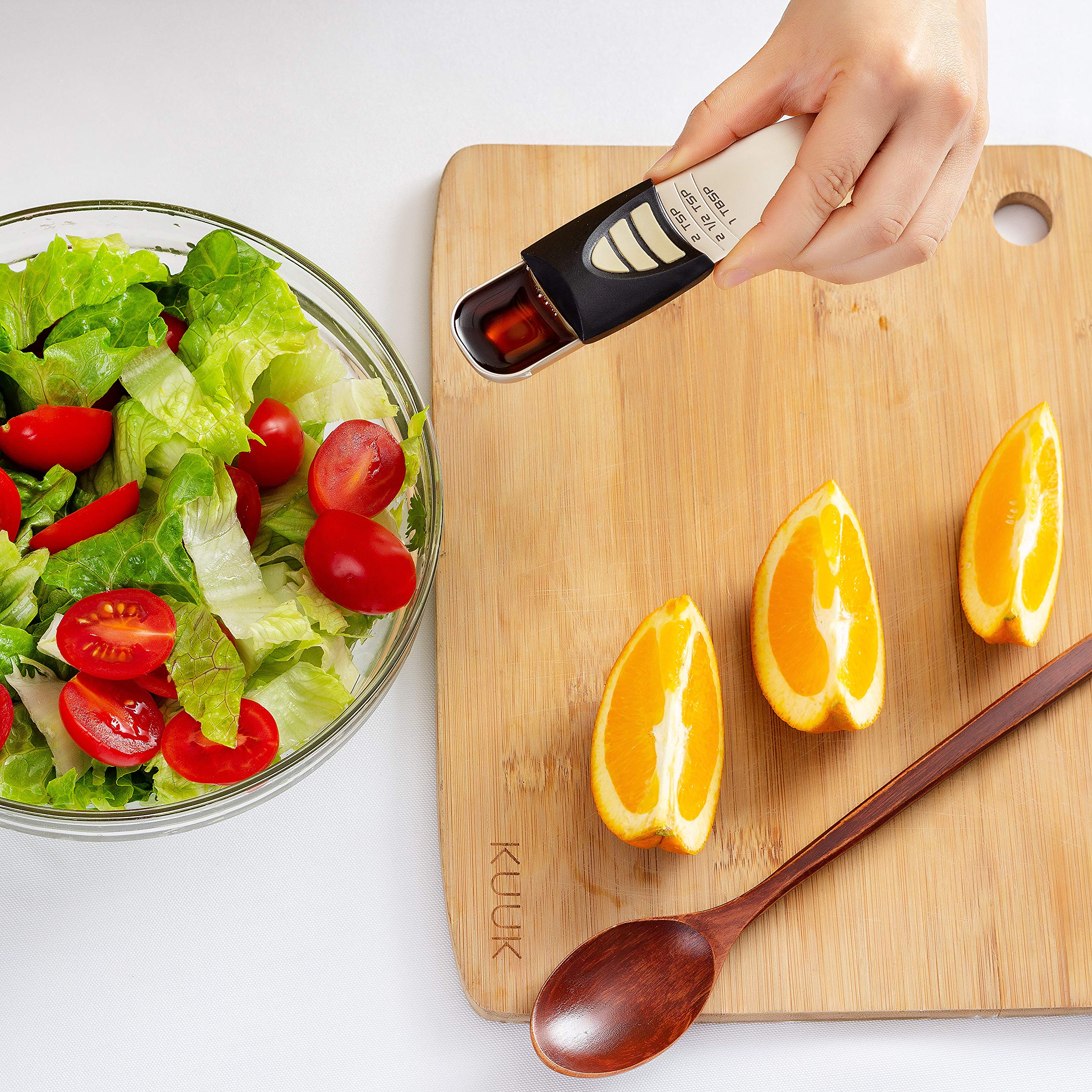 KitchenArt Professional Series Tablespoon, Champagne Satin Measuring Spoon, Adjustable from 1/2 Teaspoon to 1 Tablespoon, White & Black