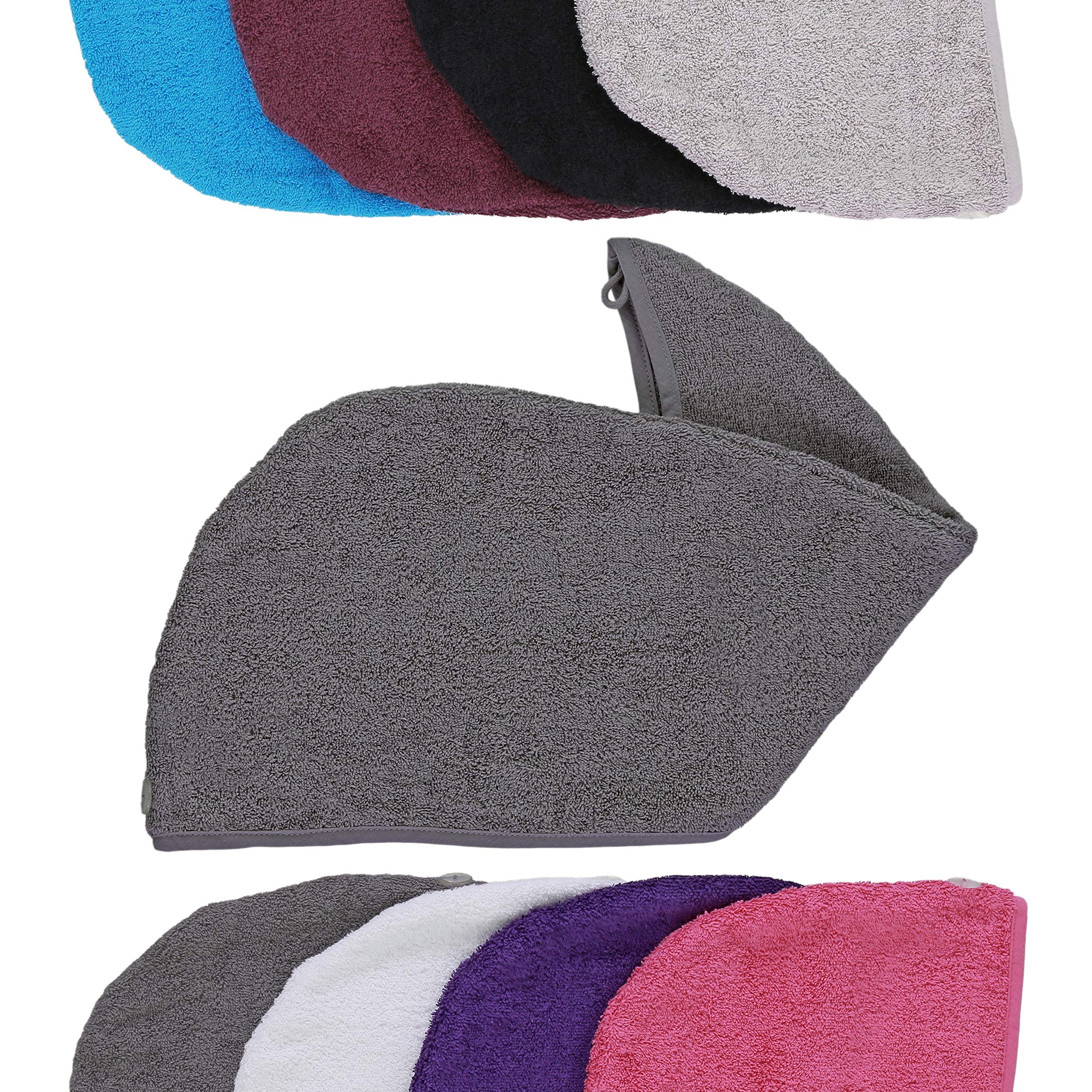 aztex Luxury Hair Turban Towel, Head Wrap Towel, Hair Drying Towel with Loop and Button Fastener, Luxury Absorbent and Lightweight Cotton, Multiple Colours, 64 x 23cm - Slate