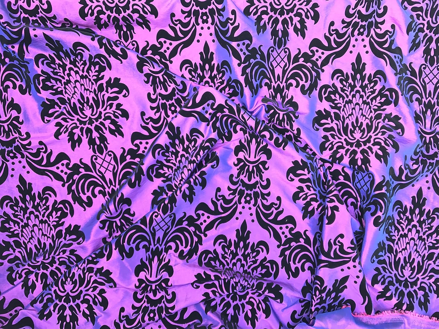 Exclusive Black Flock Damask On Purple Shot Silk Taffeta Curtains