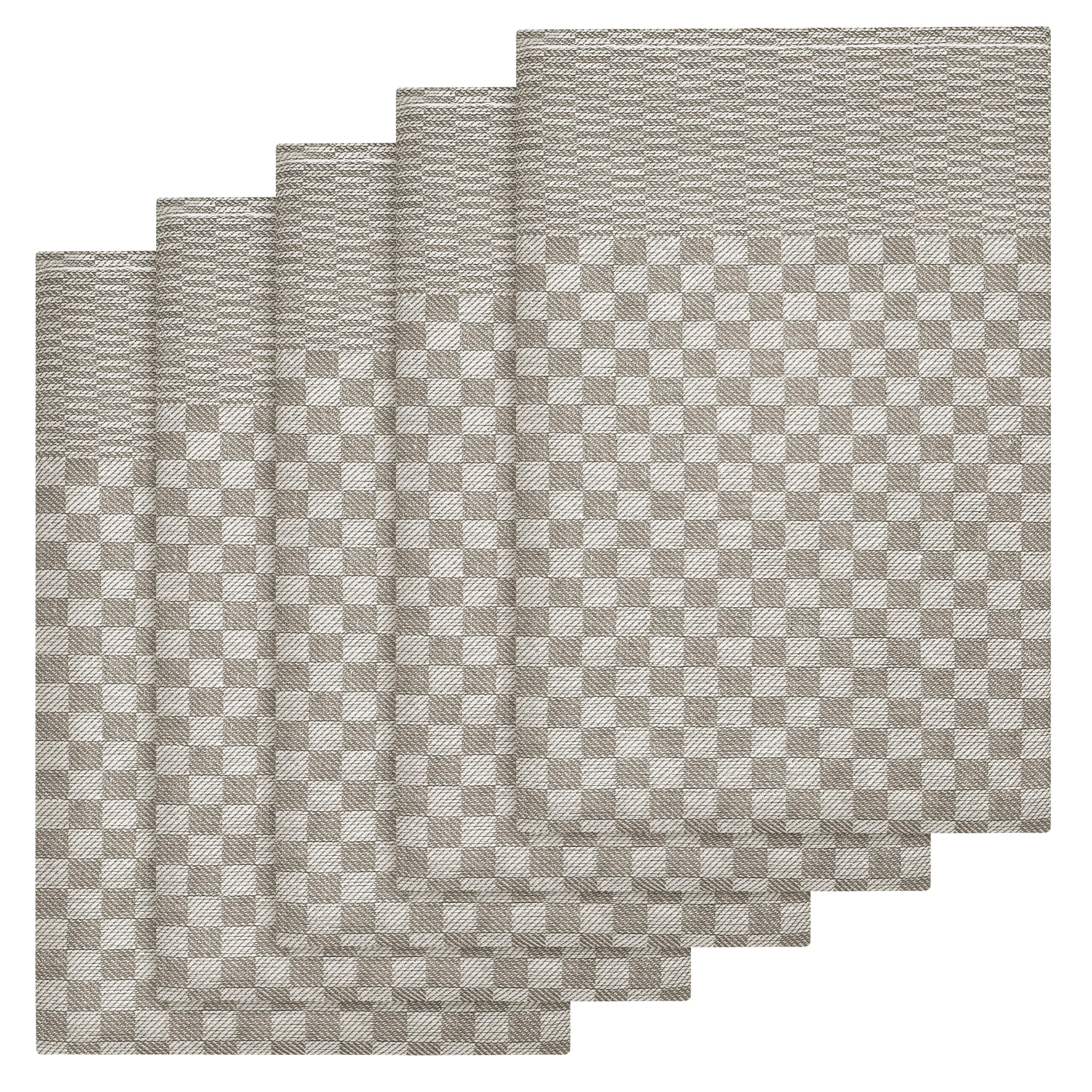 Olivia Rocco Pack Of 5 Kitchen Tea Towels Large 100% Cotton Commercial Grade Check Pattern Lint Free Hotel Quality Dish Cloth Towel Super Absorbent Quick Dry, Natural