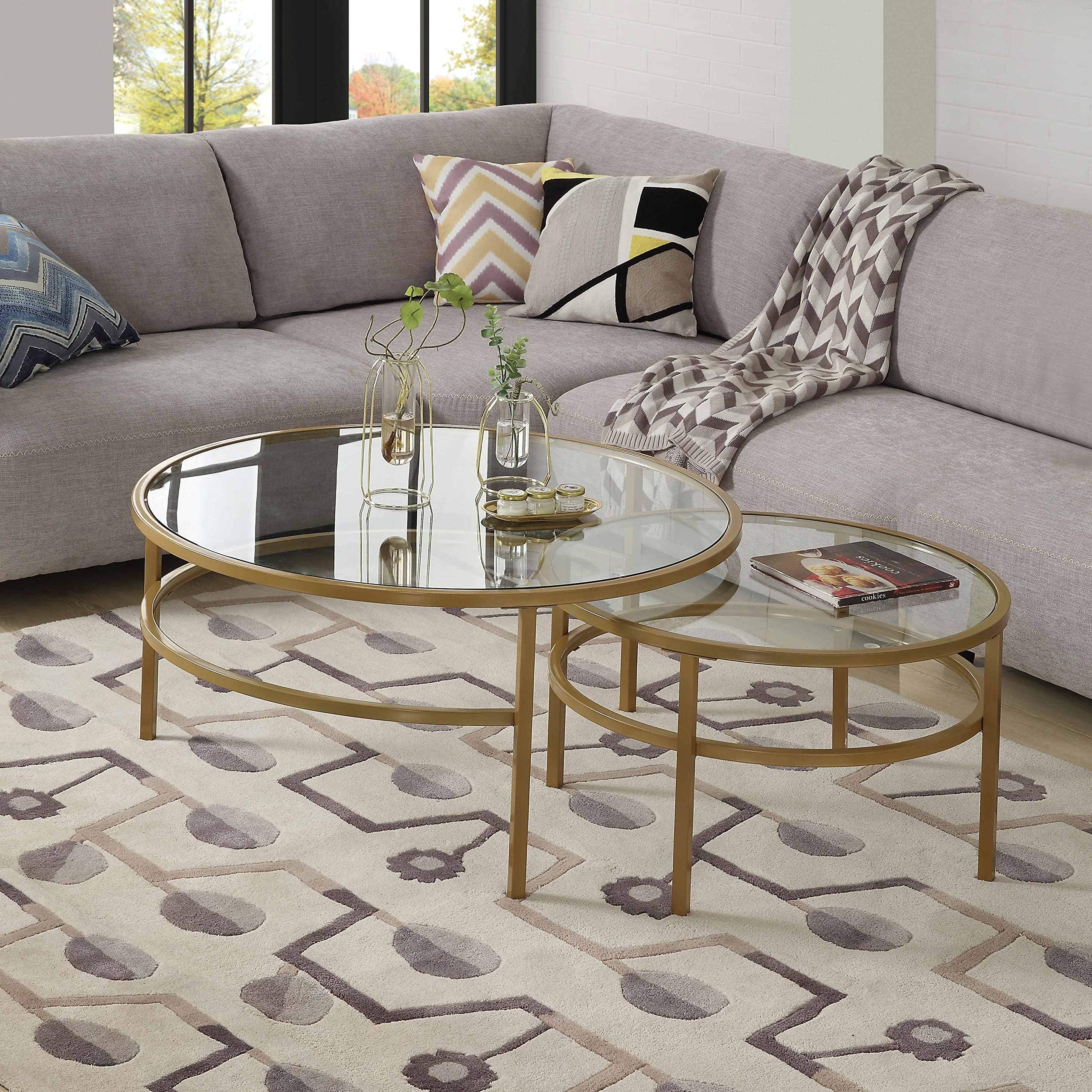 Crest Nesting Round 2 Piece Coffee Table Set, Elegant Mid-Century Modern Design Glass Coffee Table with Metal Frame, Water Resistant for Living Room Beside Sofa Cocktail Table Ship from USA (Golden)
