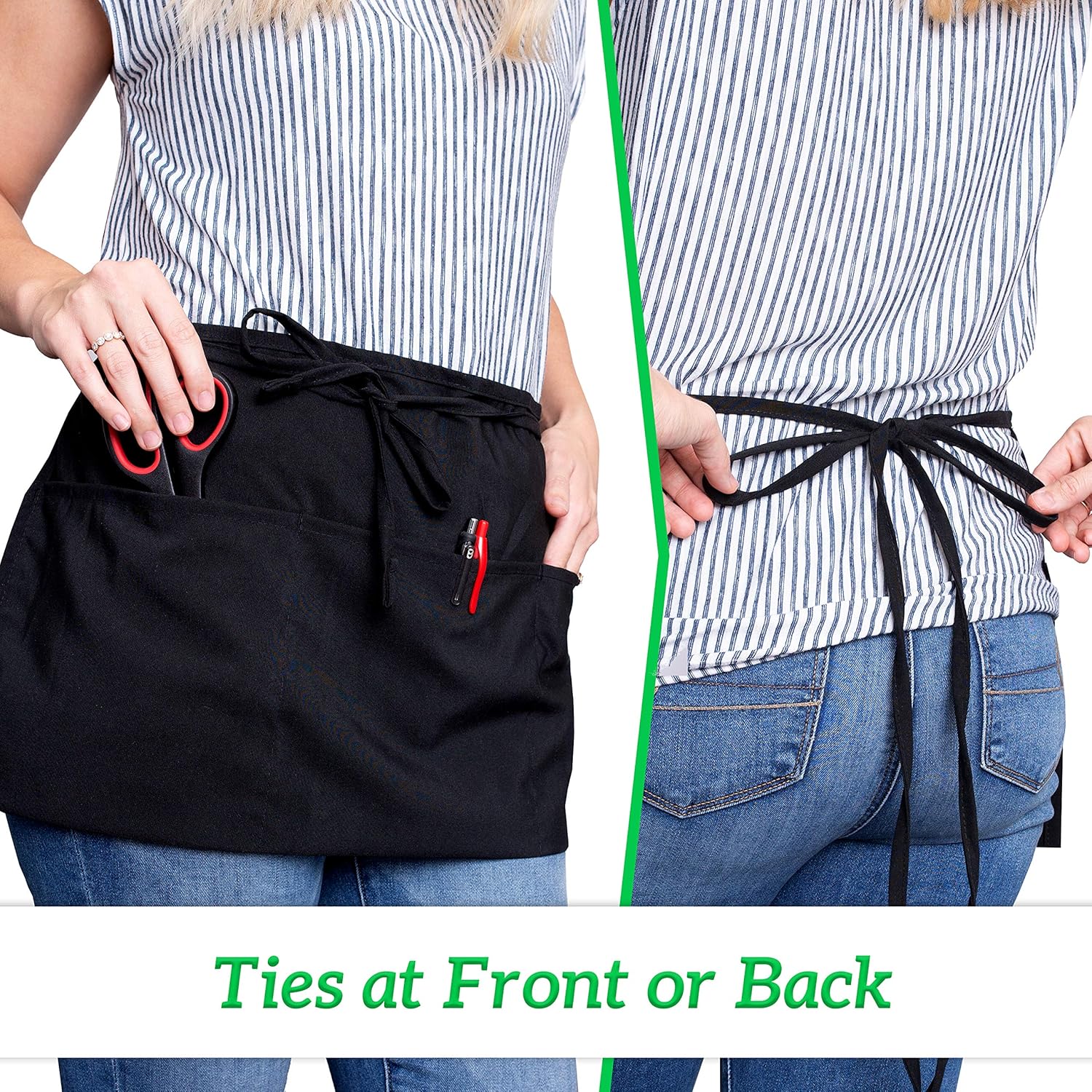 12 Pack Server Aprons with 3 Pockets - Waist Apron Waiter Waitress Apron Water Resistant Added Long Waist Strap Reinforced Seams Half Apron for Women: Kitchen & Dining