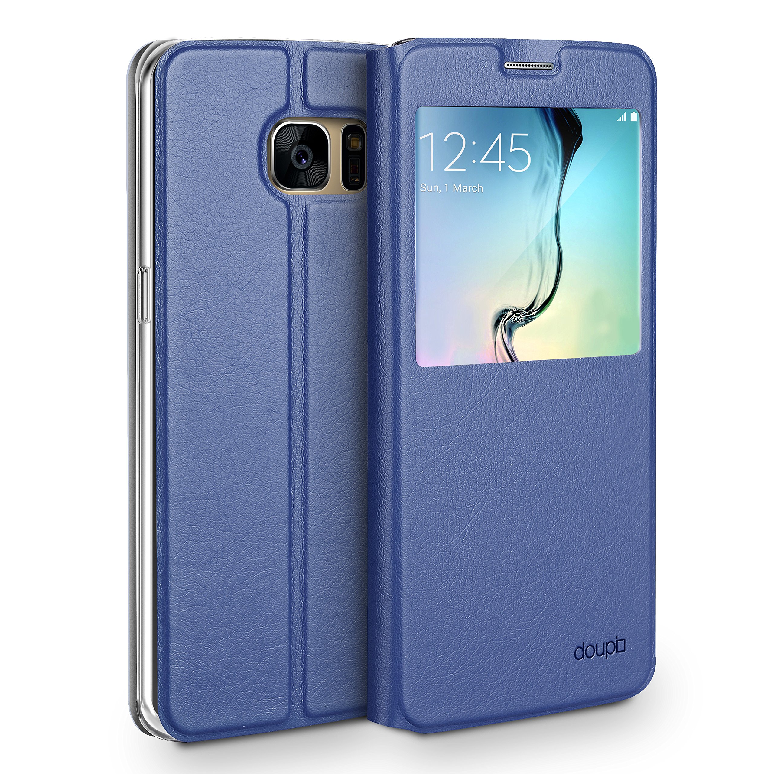 doupi Flip Cover for Samsung Galaxy Note 5, with Viewing Window Magnet Protective Flip Case BookStyle Screen Protector Stand, dark blue