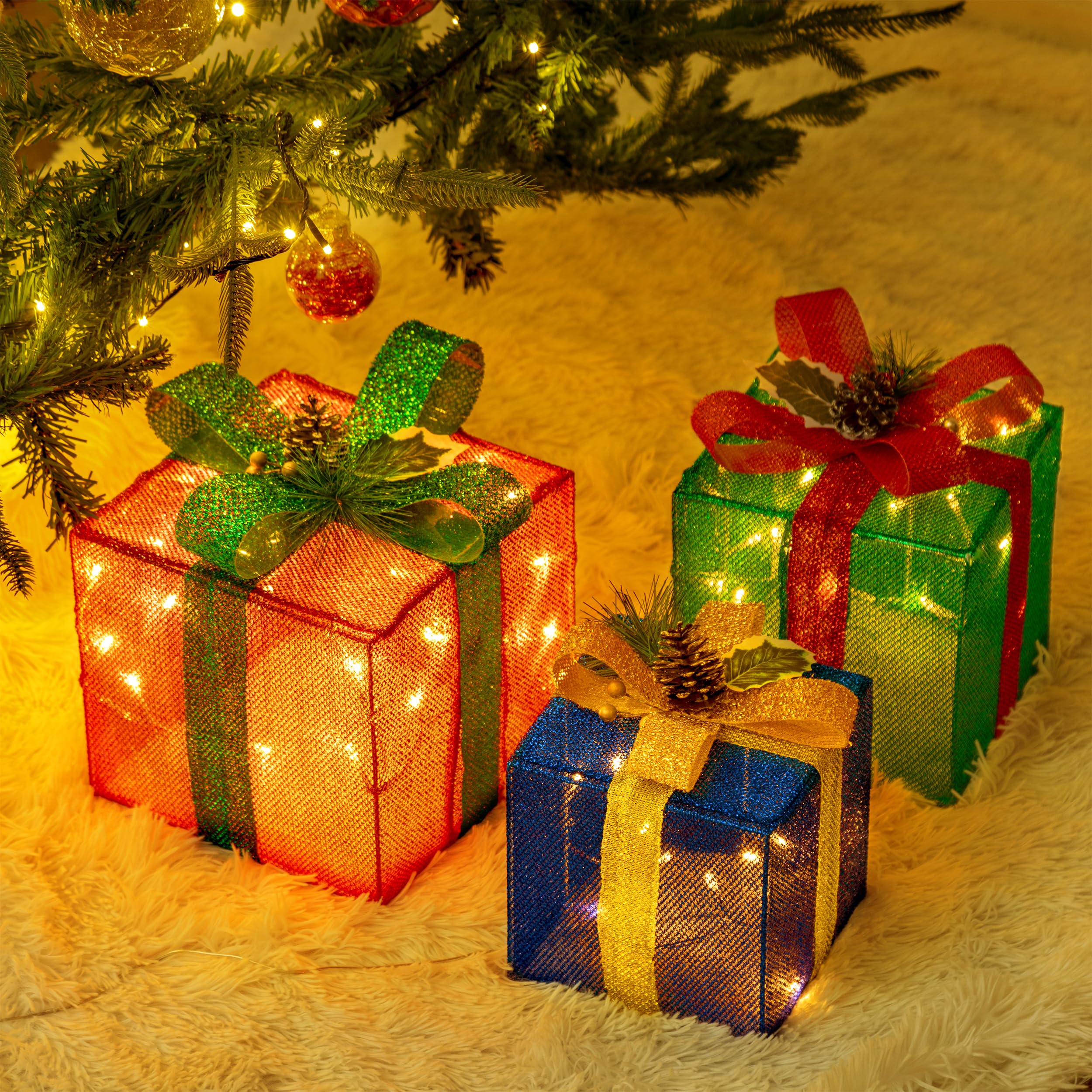 Photo 1 of Set of 3 Plug-in Christmas Lighted Gift Boxes, Pre-lit 60 LED Light Up Decorations, Outdoor Christmas Decorations Indoor Outside Porch Yard Christmas Tree Lighted Display, Colorful