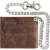 F&L CLASSIC RFID Blocking Mens bi-fold Style Cowhide Leather Steel Chain Wallet, brown vintage leather