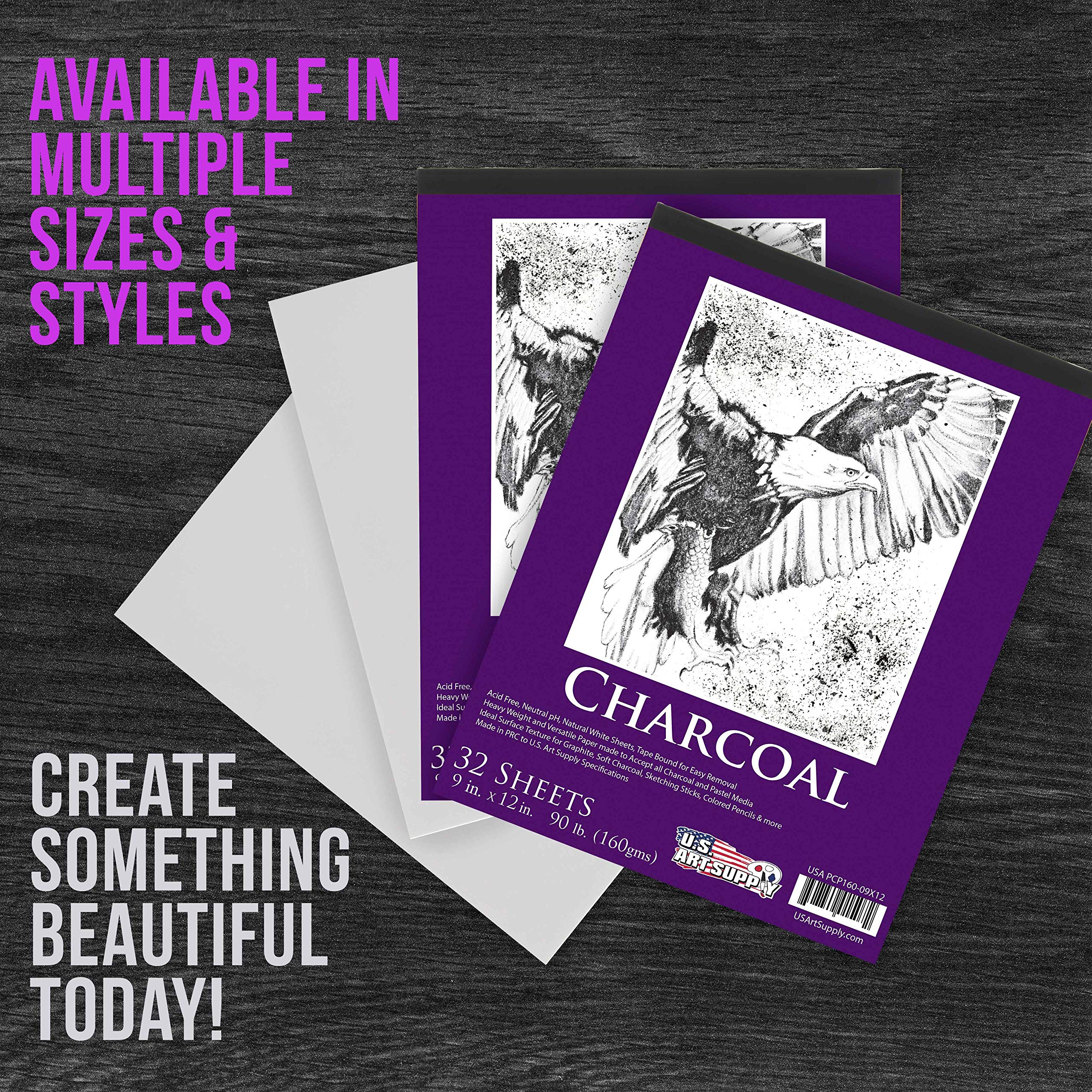US Art Supply 9 in. x 12 in. Premium Heavy-Weight Charcoal Paper Pad, 160gsm, 90 Pound, 32 Sheets (Pack of 2)