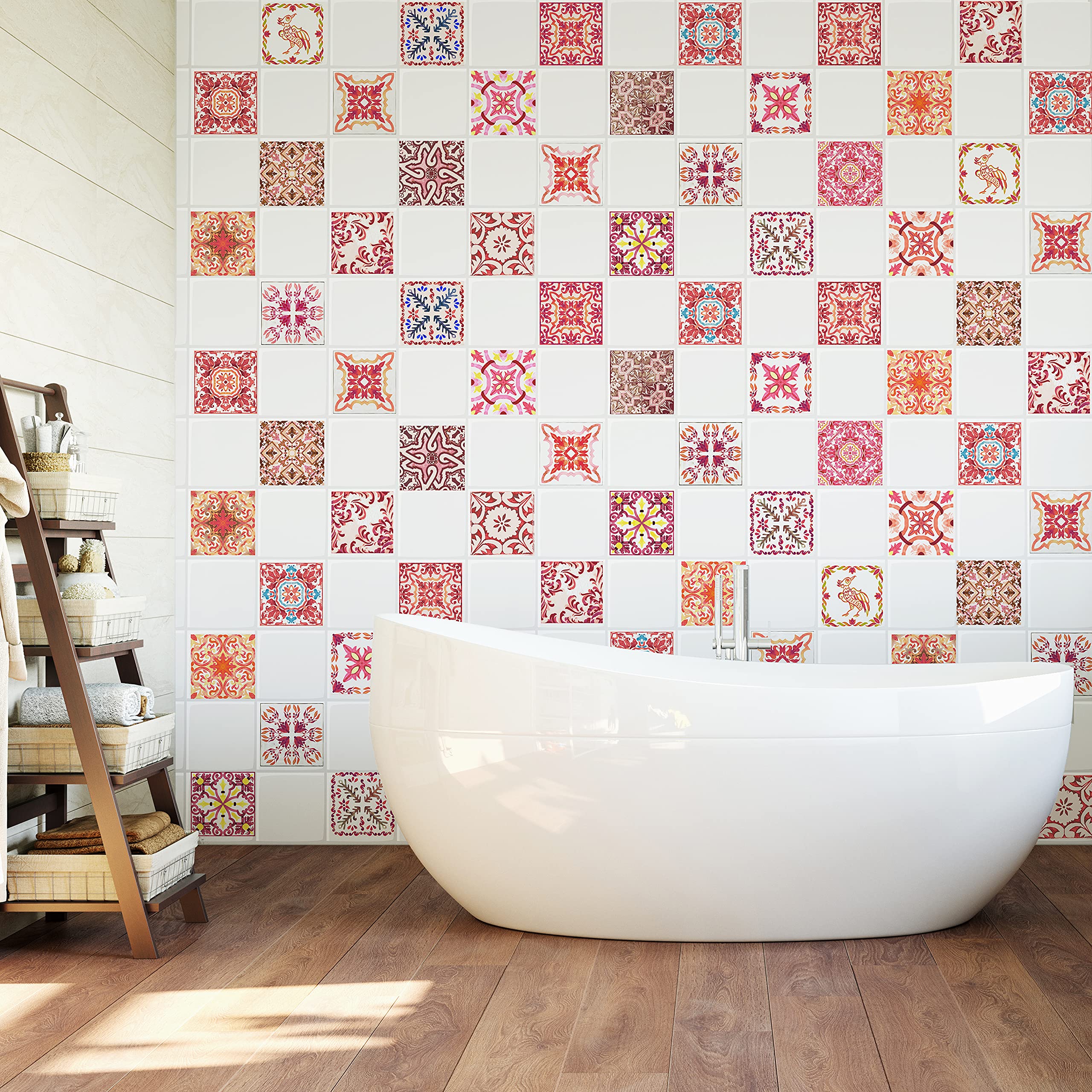 WALPLUS 10cm24pcs Moroccan Rose Red Mosaic Wall Tile Stickers Peel and Stick Backsplash Self-Adhesive Decal Home Decor Living Room DIY Splashbacks Spring Easter Decoration Tile Paint Stick on Tiles