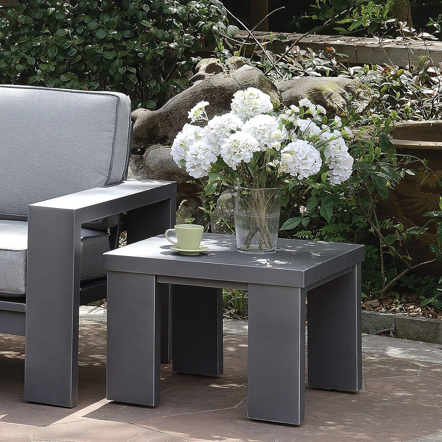 Modern Grey Aluminum Outdoor End Table Contemporary Square Water Resistant Weather