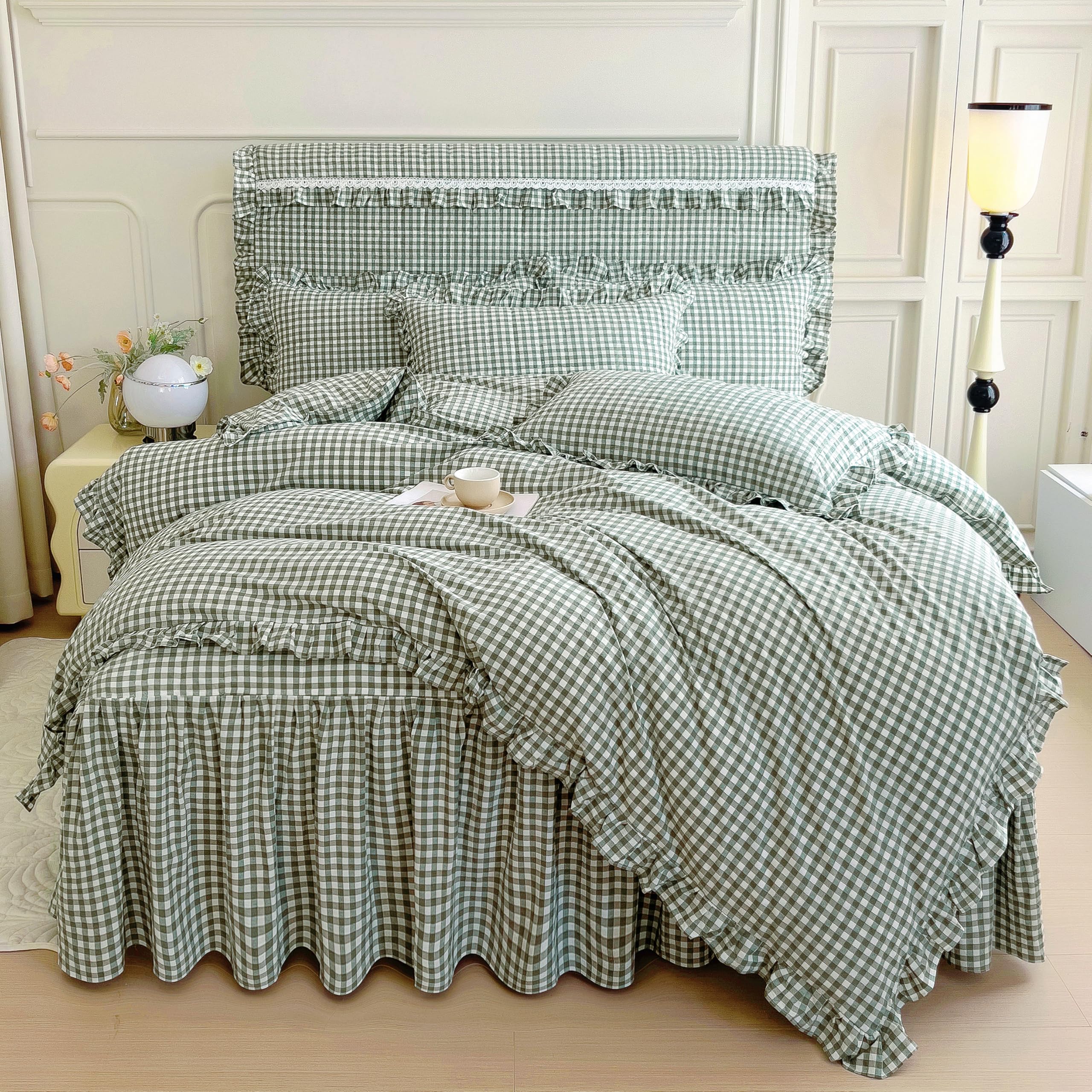 Condition photo showing New/Like New for mkxi sage green & white gingham ruffle comforter set full, 3-piece lightweight breathable washed cot
