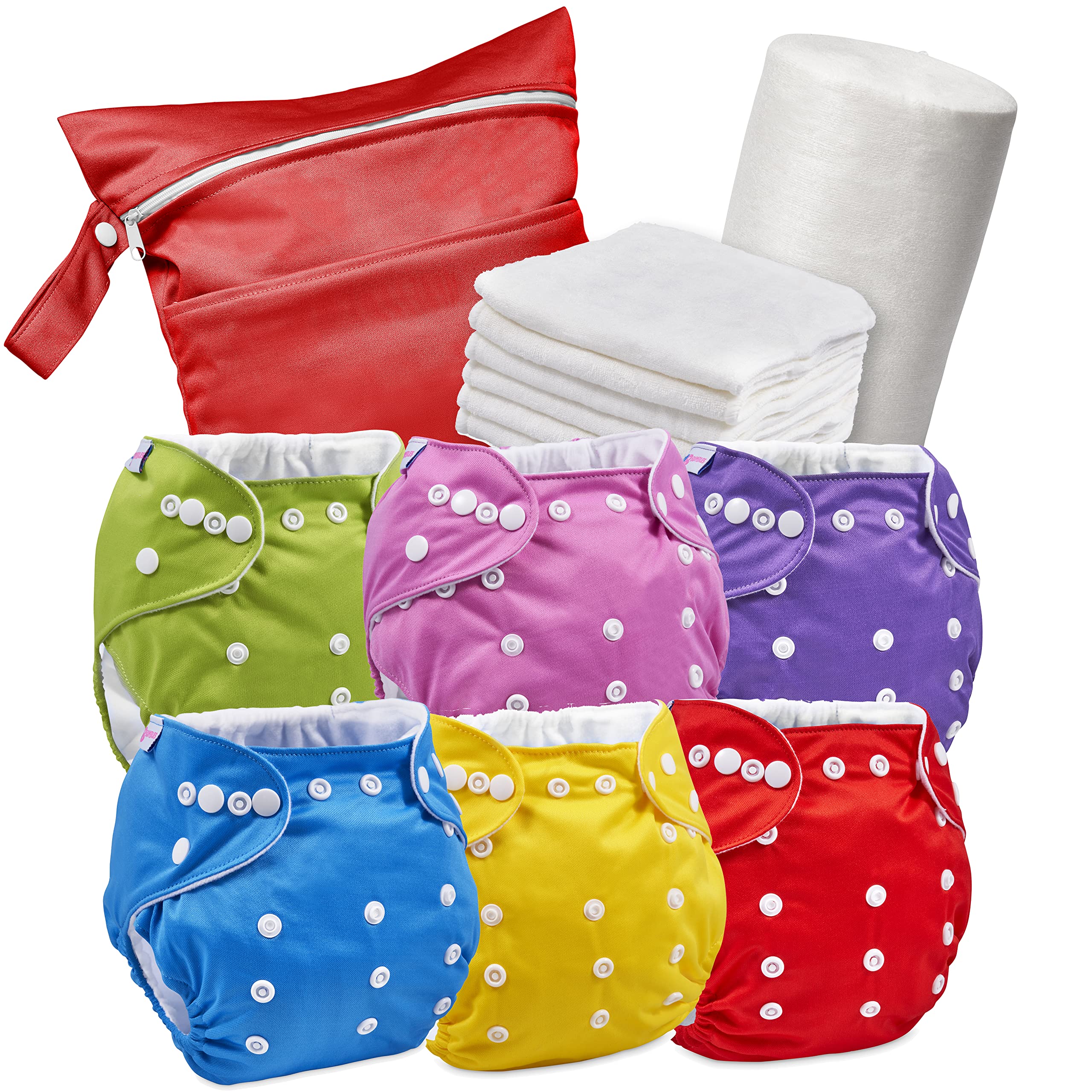Reusable Nappies - Eco Friendly and Chemical Free Cloth Nappies - Includes 6 Washable Baby Diapers, 6 Bamboo Nappy Inserts, 1 Roll of Biodegradable Nappy Liner, Wet Bag