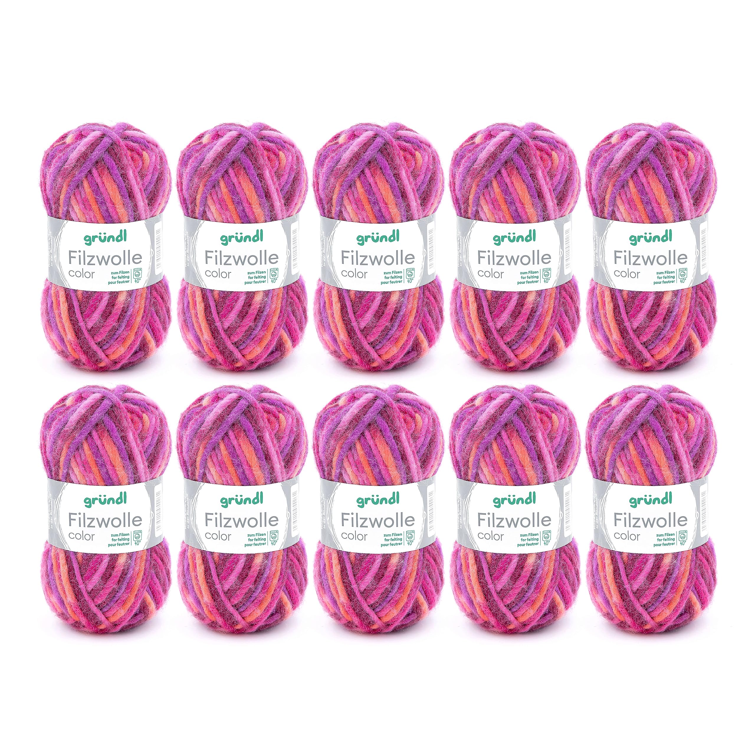 Gründl Felt Wool Colour (Oeko-Tex Certified, 100% Virgin Wool for Felting, 50 g / 50 m, Needle Size: 8-9, 10 Balls of 50 g), Orange-Fuchsia-Purple Multicolour, 31 x 32 x 6 cm