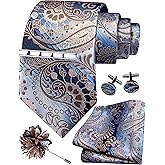GUSLESON Tie Set for Men Necktie and Pocket Square,Tie Clip,Cufflinks, Lapel Pin Sets with Gift Box 5PCS