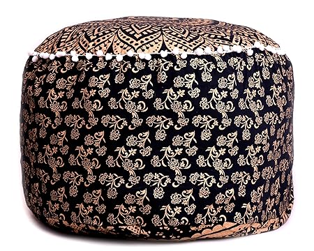 Cotton Handmade Ottoman Pouf Cover Seating Footstools Cover - Black Gold, Ombre Mandala - 24 X 14 Inch by Handicraft-Palace