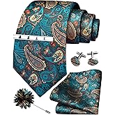 GUSLESON Tie Set for Men Necktie and Pocket Square,Tie Clip,Cufflinks, Lapel Pin Sets with Gift Box 5PCS