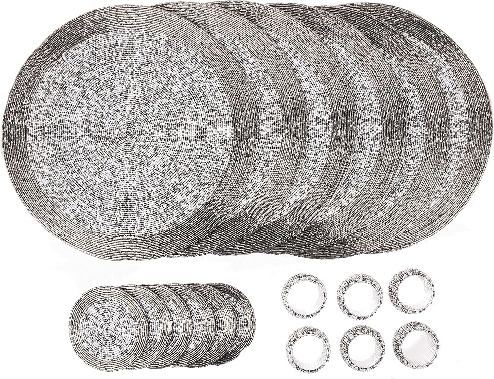 Penguin Home Handcrafted Glass Beaded Placemats Coasters Napkin Rings Set 18