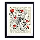 Octopus With Red Hearts Upcycled Vintage Dictionary Art Print 8x10