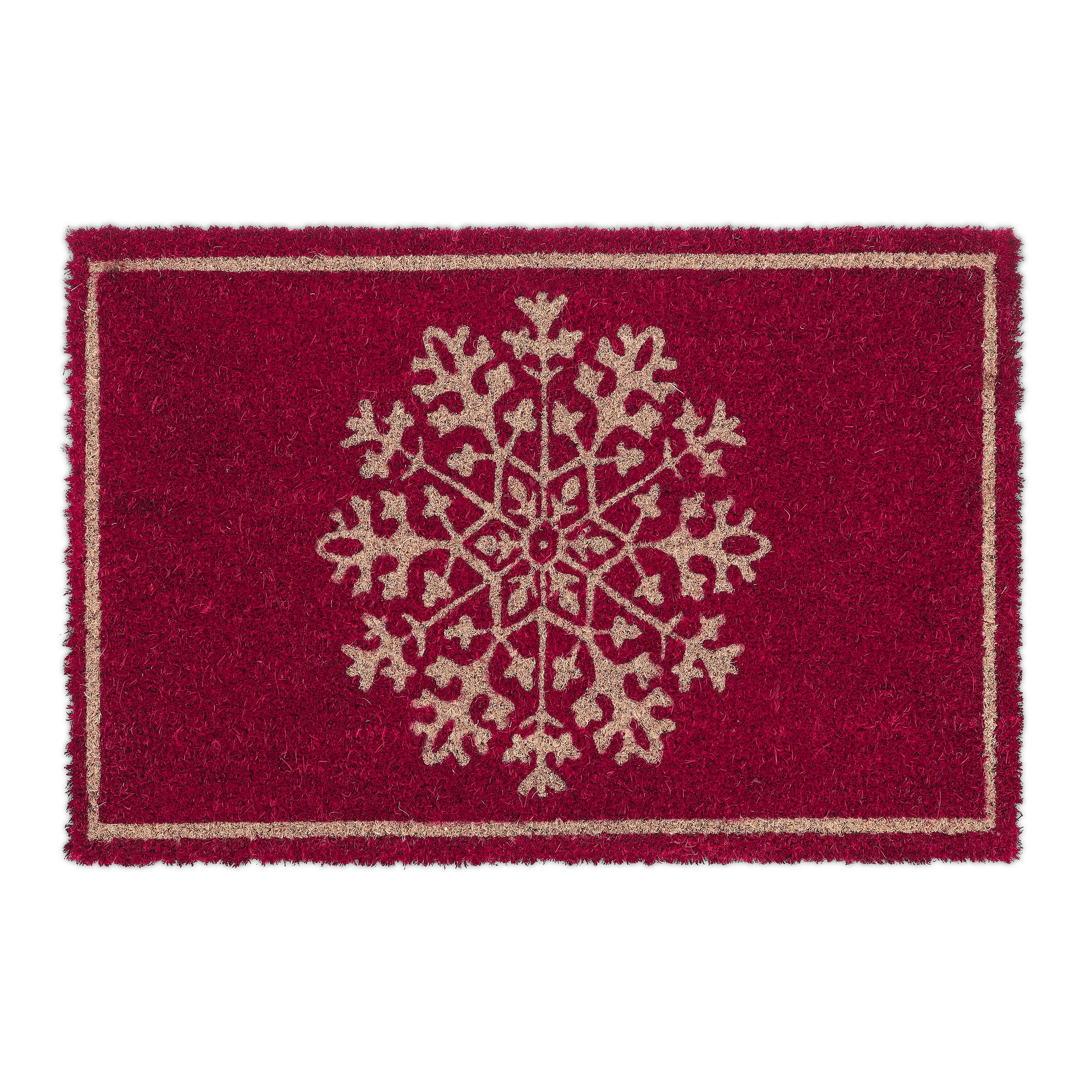 Relaxdays Snowflake Welcome Doormat, 40 x 60 cm, Door Mat Inside & Outside, Non-Slip, Natural Coir/Red, Coco