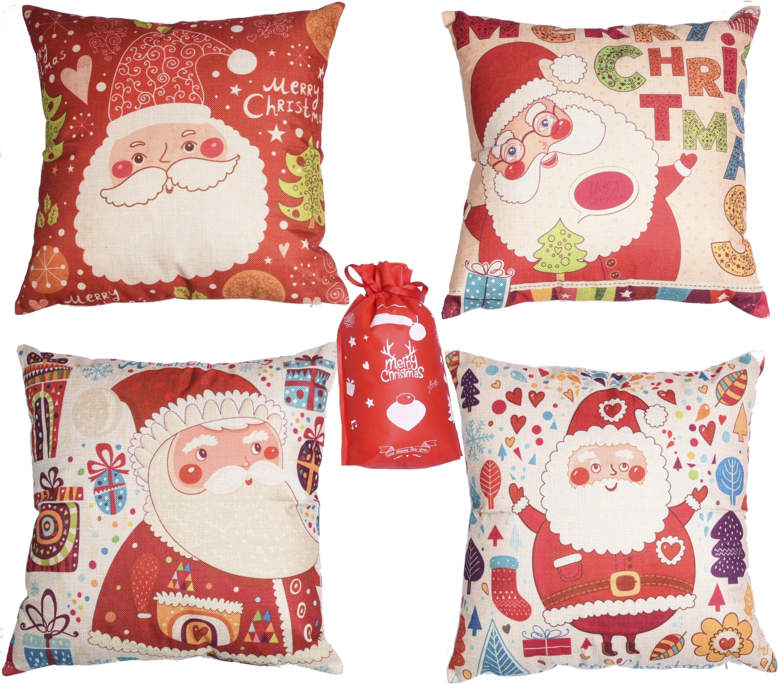 Aisin Gioro Throw Pillow Case 4-Pack Merry Christmas Wrapped Cotton Square Decorative Cushion Cover 18 x 18 Inch Santa Clause with Free Xmas Gift Bag Lucky Bag