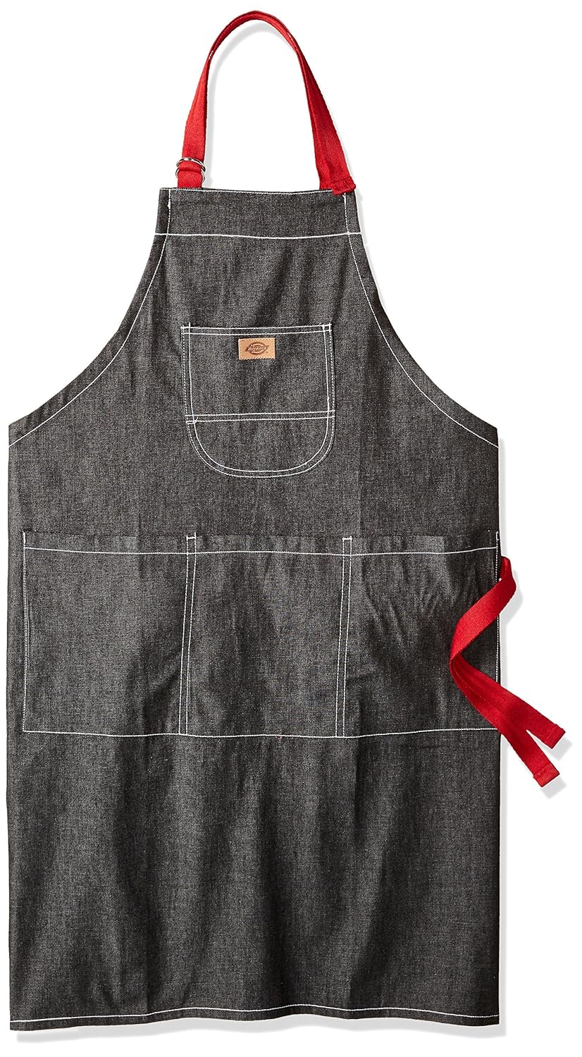 Dickies Chef UnisexAdults Denim Bib Apron with Red Straps, Black Denim