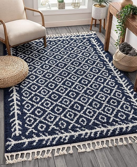Amazon Com Well Woven Allie Blue Moroccan Shag Diamond Trellis Pattern Area Rug 5x7 5 3 X 7 3 Home Kitchen