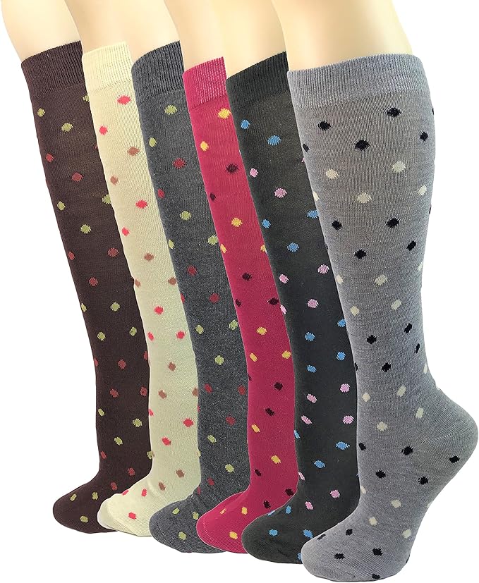 Women's Soft Knee High Socks, Casual, Argyle or Plush, Multi Color Value 6 Pack (Dots6pk) at