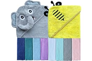 Sunny zzzZZ Baby Hooded Bath Towel and Washcloth Sets, Essentials for Newborn Boy Girl, Shower Gifts Infant Toddler - 2 8 Washcloths Yellow Bee Grey Elephant