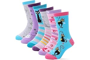 Girls Kids Socks Crew Cute Socks for Toddler Children Fashion Cotton Cartoon Animal Birthday Gifts Socks 6 Pack(Cat L,9-14 Y)