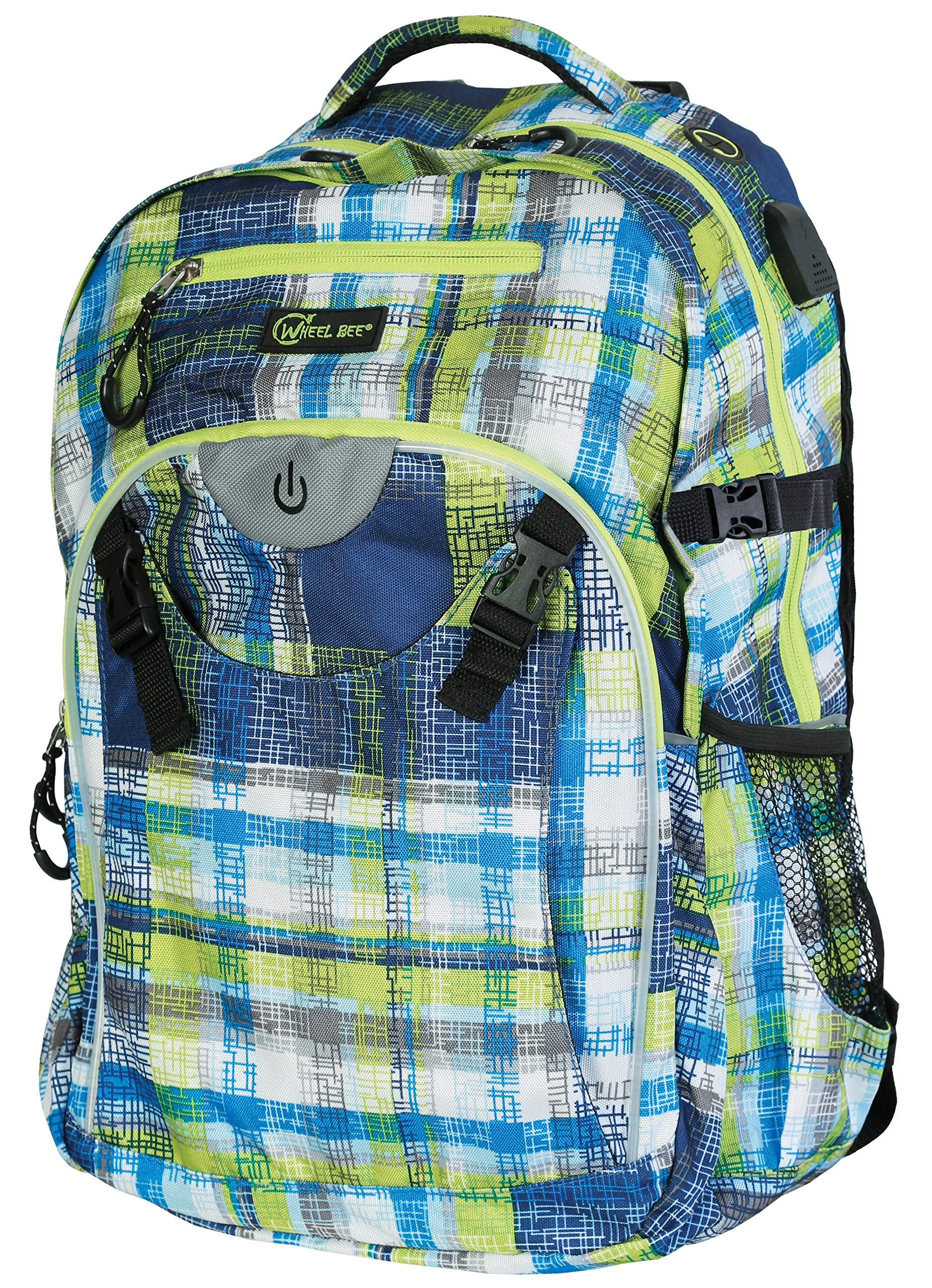 Wheel Bee school backpack Generation Z, LED light for security and visibility, trendy backpack, USB port, headphone output, many compartments, new model, design blue / green / white, # 950020