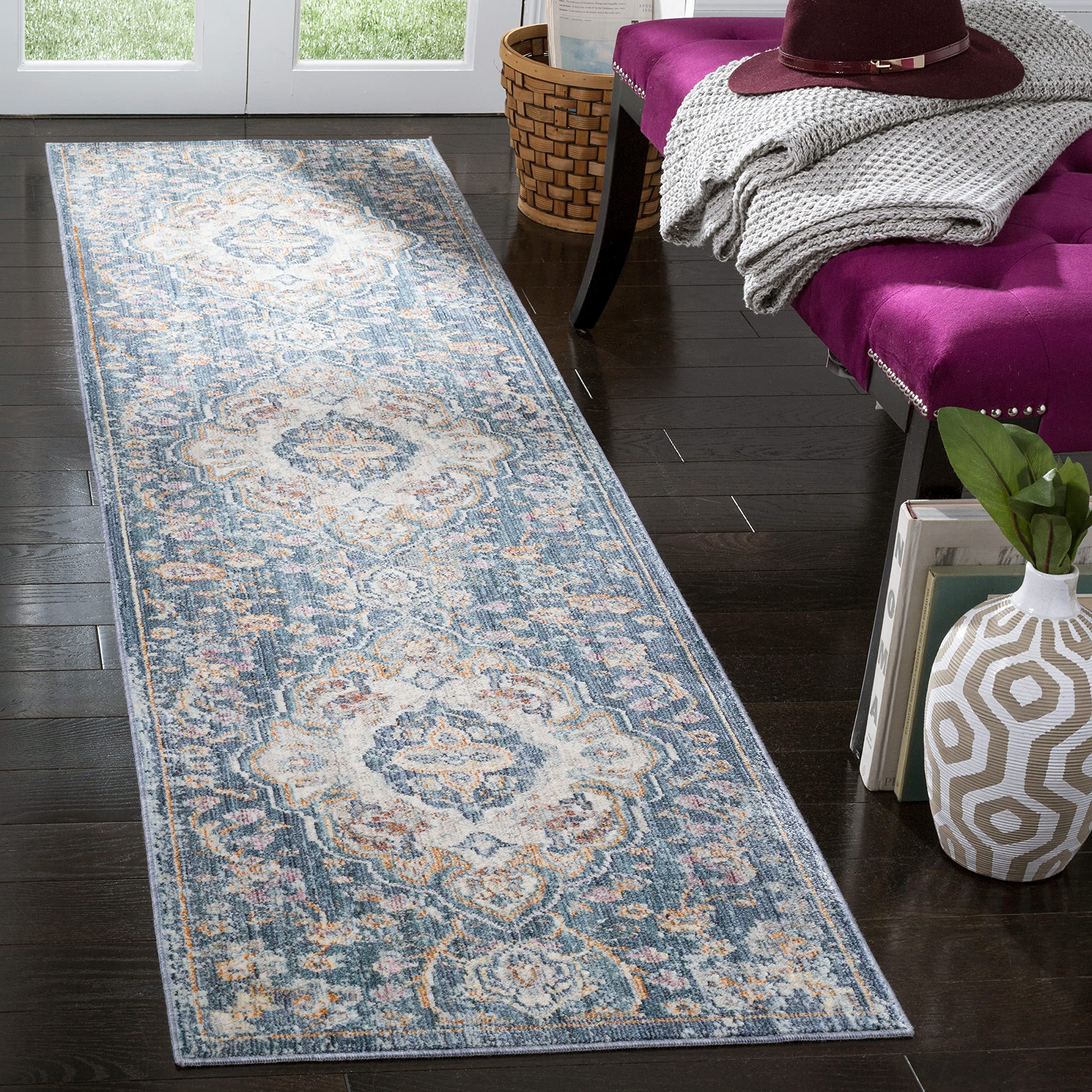 Safavieh Traditional Indoor Woven Runner Area Rug, Illusion Collection, ILL711, in Cream / Blue, 69 X 244 cm for Living Room, Bedroom or Any Indoor Space