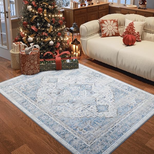 5X7 WASHABLE VINTAGE AREA RUG – DISTRESSED LIVING ROOM RUG NON-SLIP SOFT INDOOR CARPET STAIN RESISTANT FLOOR RUG FOR BEDROOM PLAYROOM DINING ROOM OFFICE, BLUE
