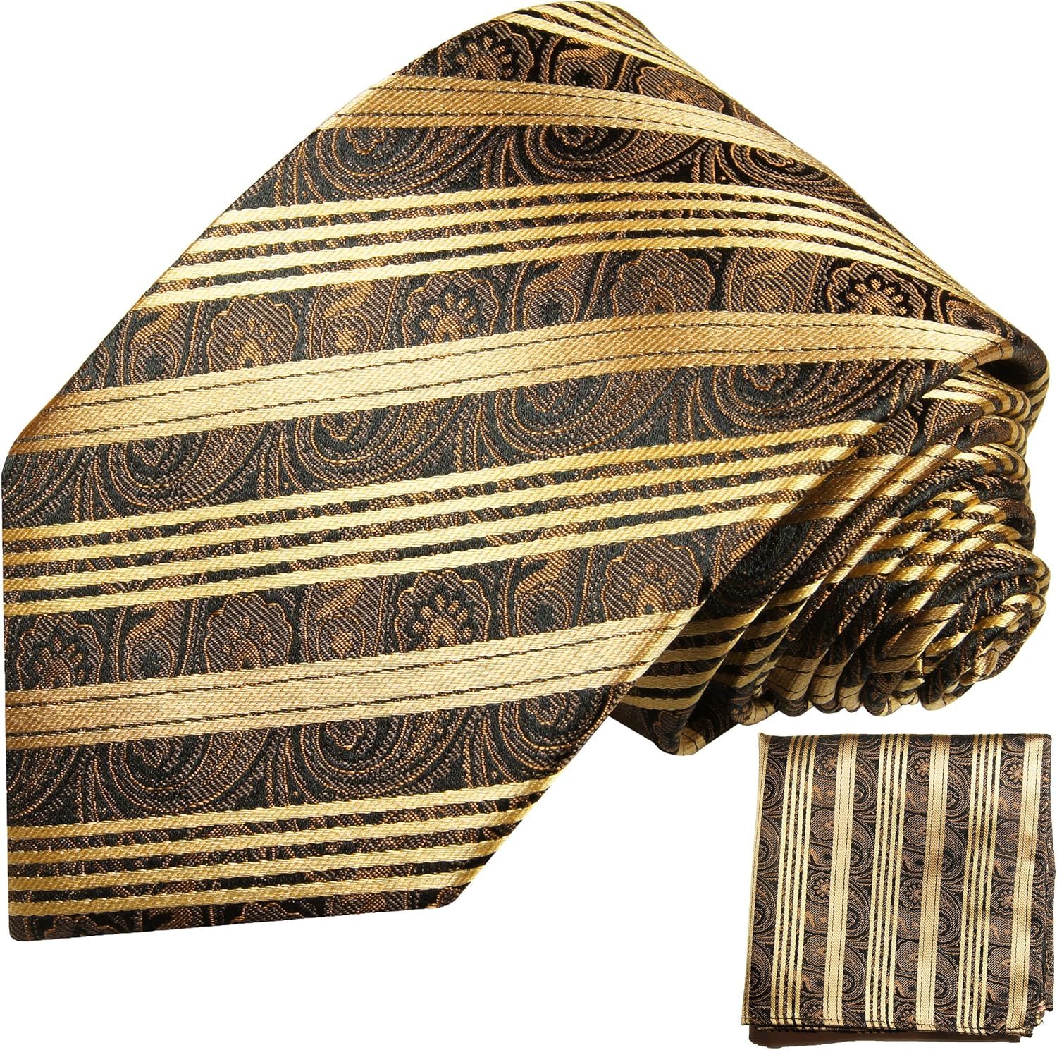Brown gold striped mens tie Set 2pcs. silk necktie + pocket square