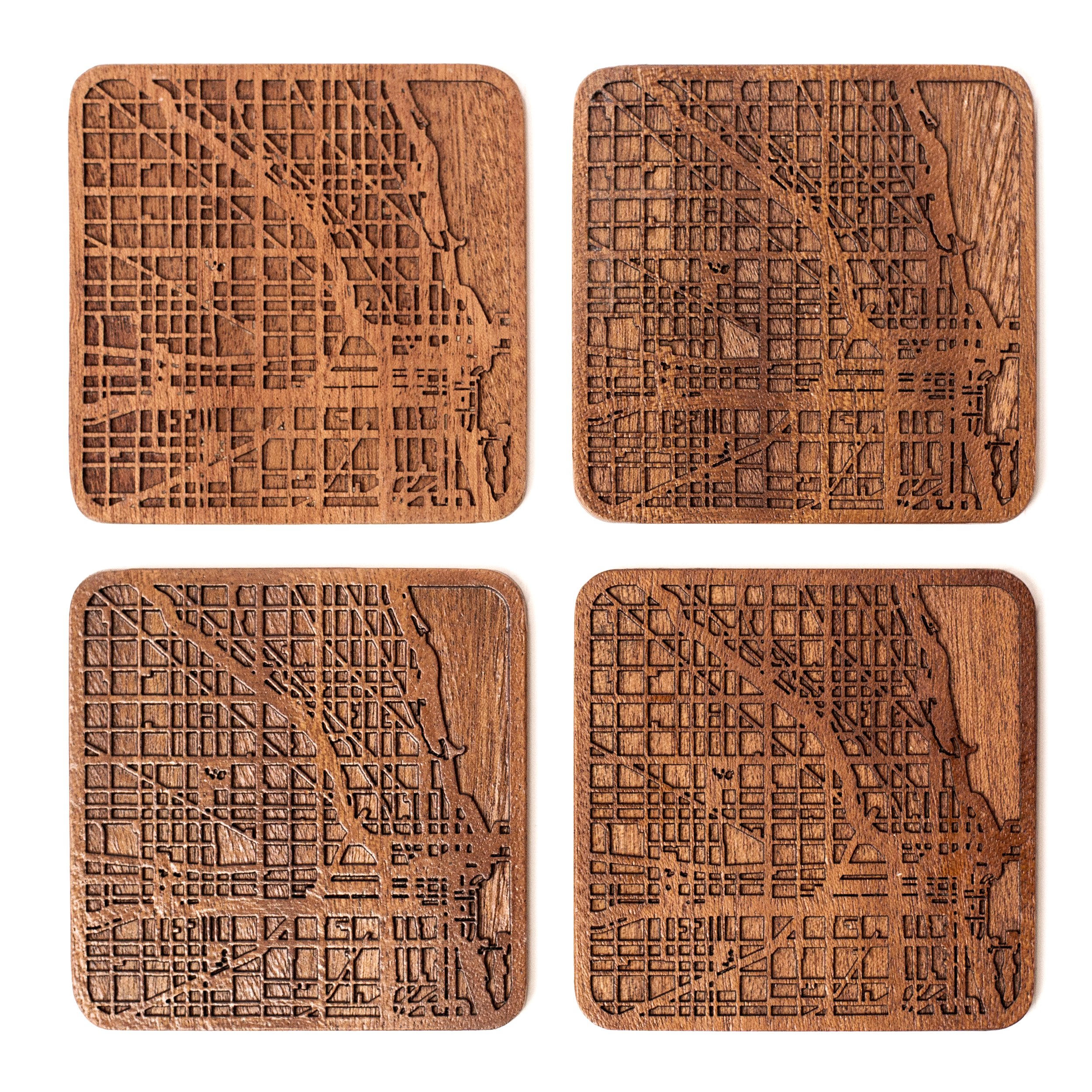 Chicago Map Coaster, Set of 4, Sapele Wooden Coaster with City Map, Handmade