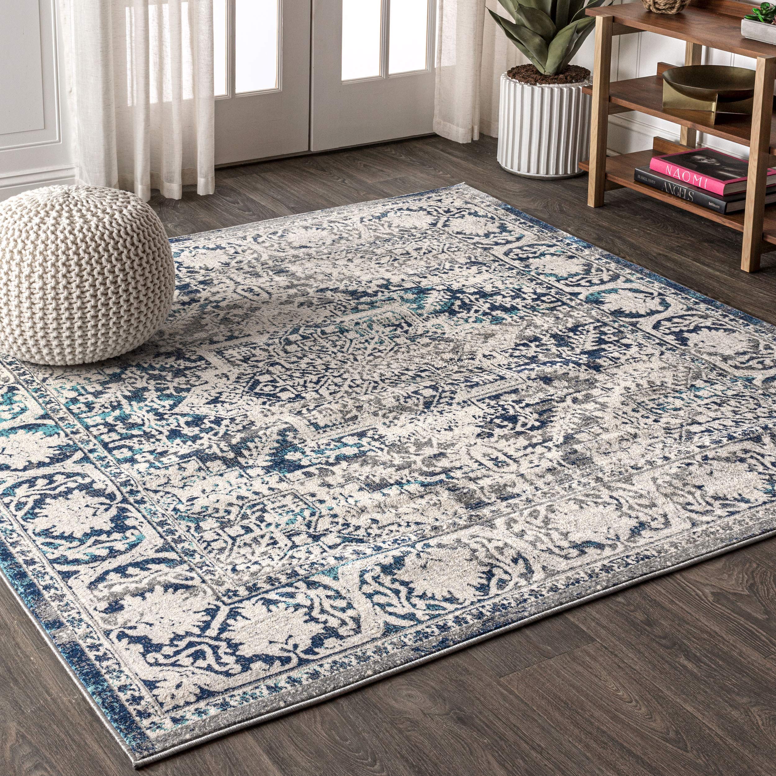 JONATHAN Y Modern Vintage Medallion Navy/Light Gray 9x9 Square Indoor Area Rug, Country, Floral, Easy-Cleaning for Living Room, Bedroom, Kitchen, Pet Friendly, Non-Shedding (MDP100B-9SQ) Image