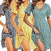 ChongBaiJia 3 Piece Womens Sundresses Summer Floral Short Sleeve Wrap V Neck A-Line Midi Casual Vacation Dresses 2025