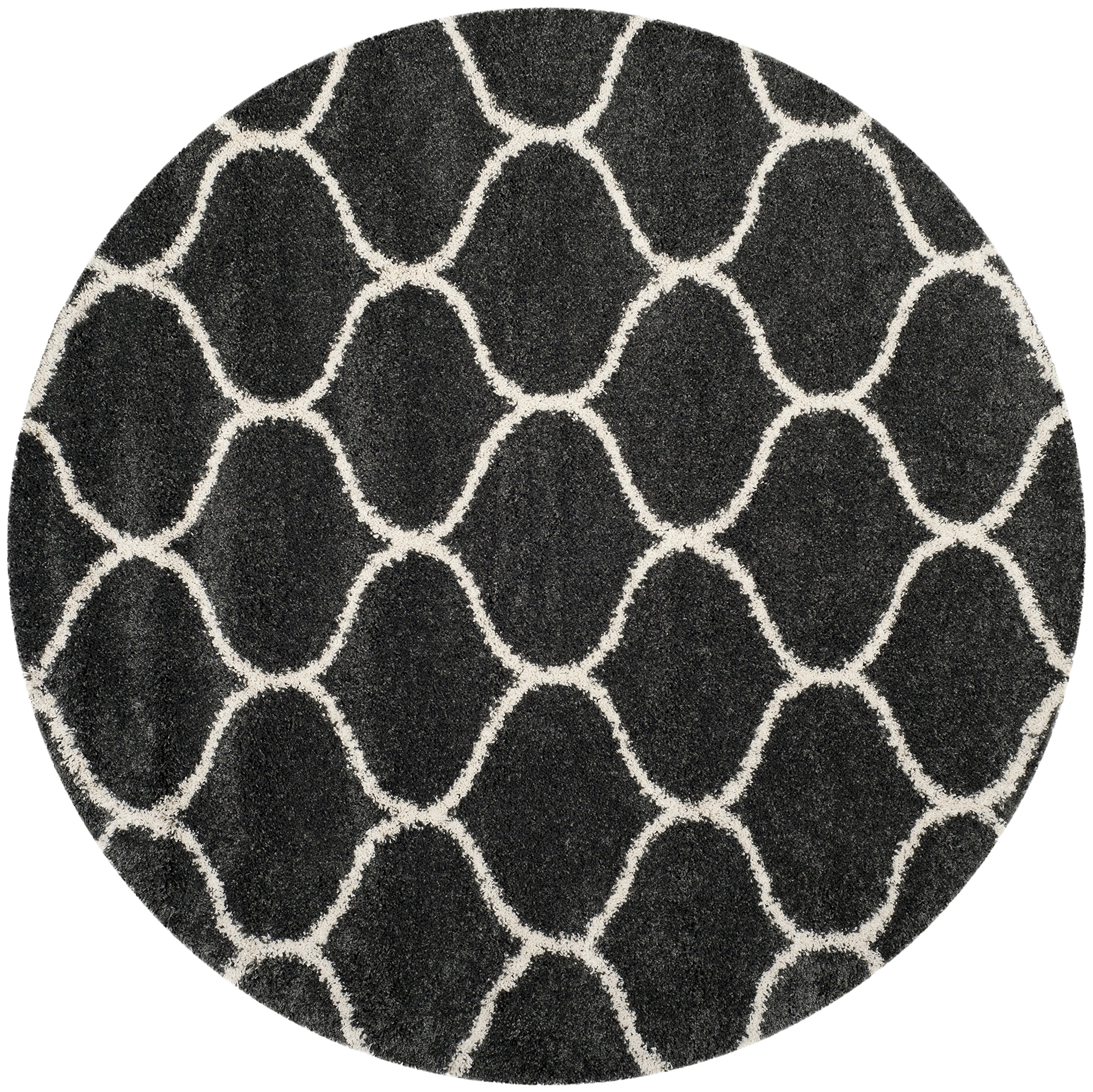 SAFAVIEH Hudson Shag Collection 9' Round Dark Grey/Ivory SGH280G Moroccan Ogee Trellis Non-Shedding Living Room Bedroom Dining Room Entryway Plush 2-inch Thick Area Rug Image