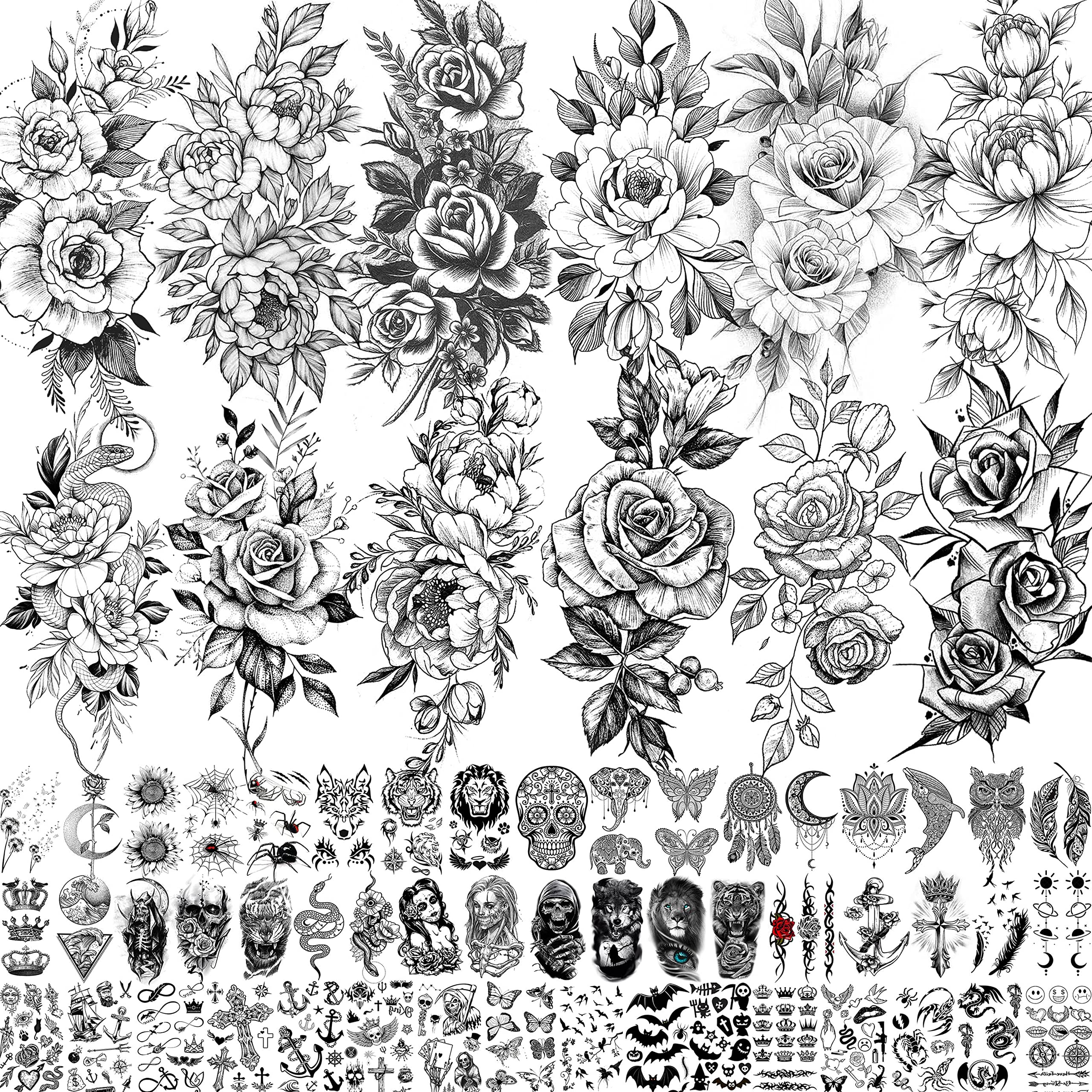LAROI 63 Sheets Rose Peony Flower Temporary Tattoos For Women Arm Sleeve, Waterproof Long Lasting Temp Tattoos Adults, Fake Tattoos That Look Real And Last Long, Realistic Black Floral Tatoos Snake