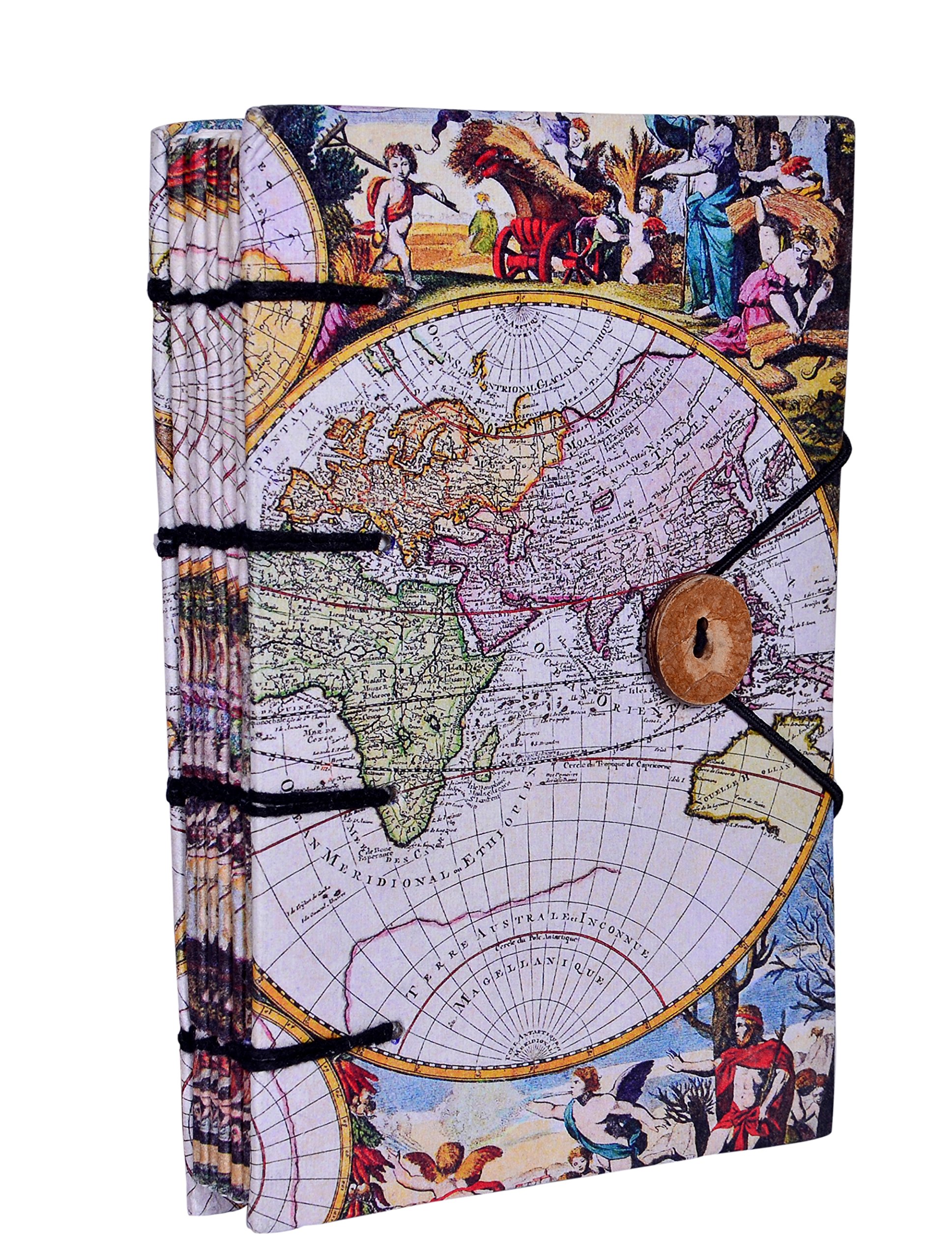 Purpledip Vintage Diary 'World Explorers': Handmade Paper Journal with String & Button Closure (10614)