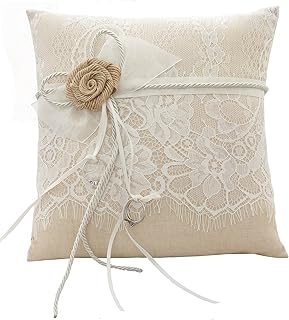 HESHIFENG. party & accessories Vintage Hochzeit Ringkissen Sackleinen Jute Spitze Blumen 21cmx 21cm (R637)
