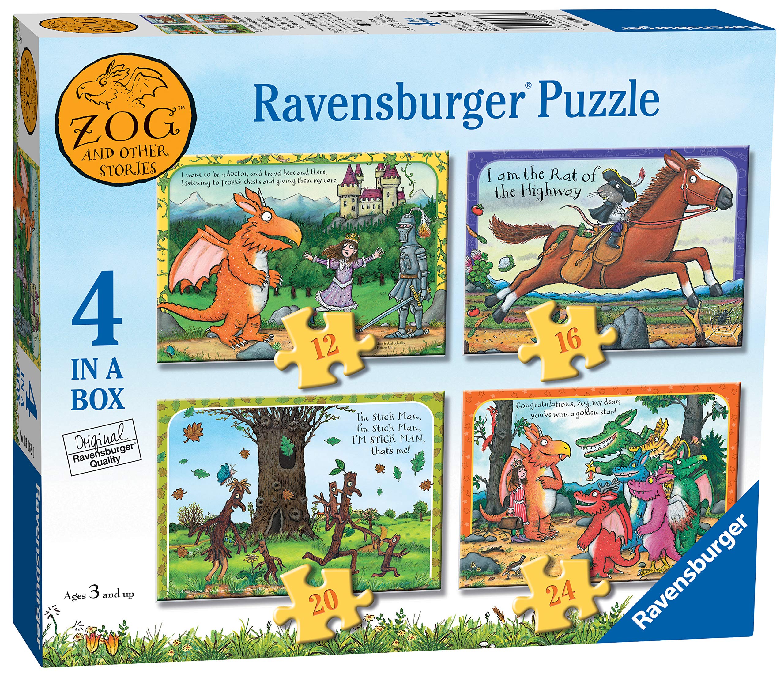 Ravensburger Zog 4‑in‑a‑Box Jigsaw Puzzles for Kids Age 3 Years and Up – 12, 16, 20 & 24 Pieces – Zog Puzzle Set Inspired by Julia Donaldson Stories